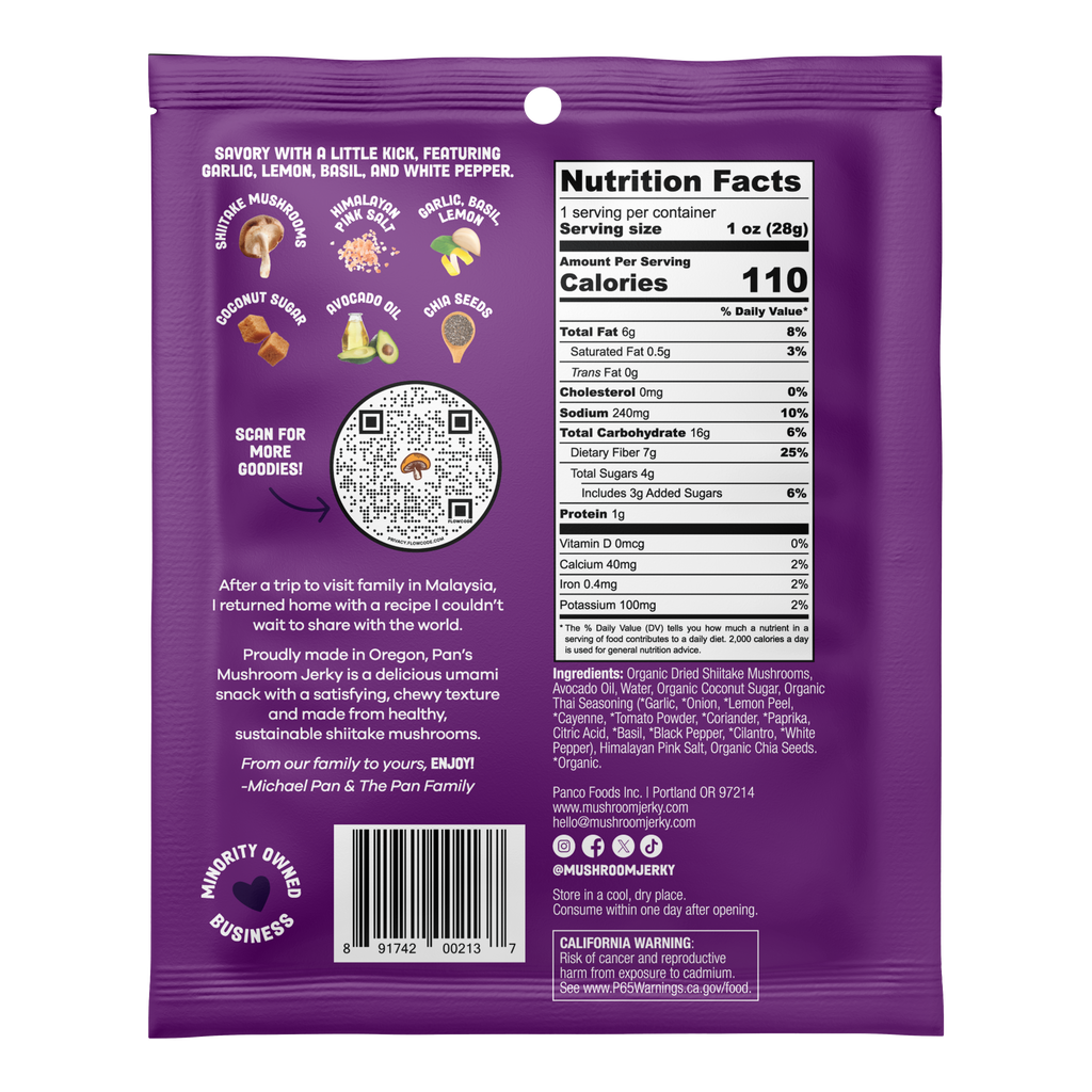 Zesty Thai Mushroom Jerky - Single Serve Pack