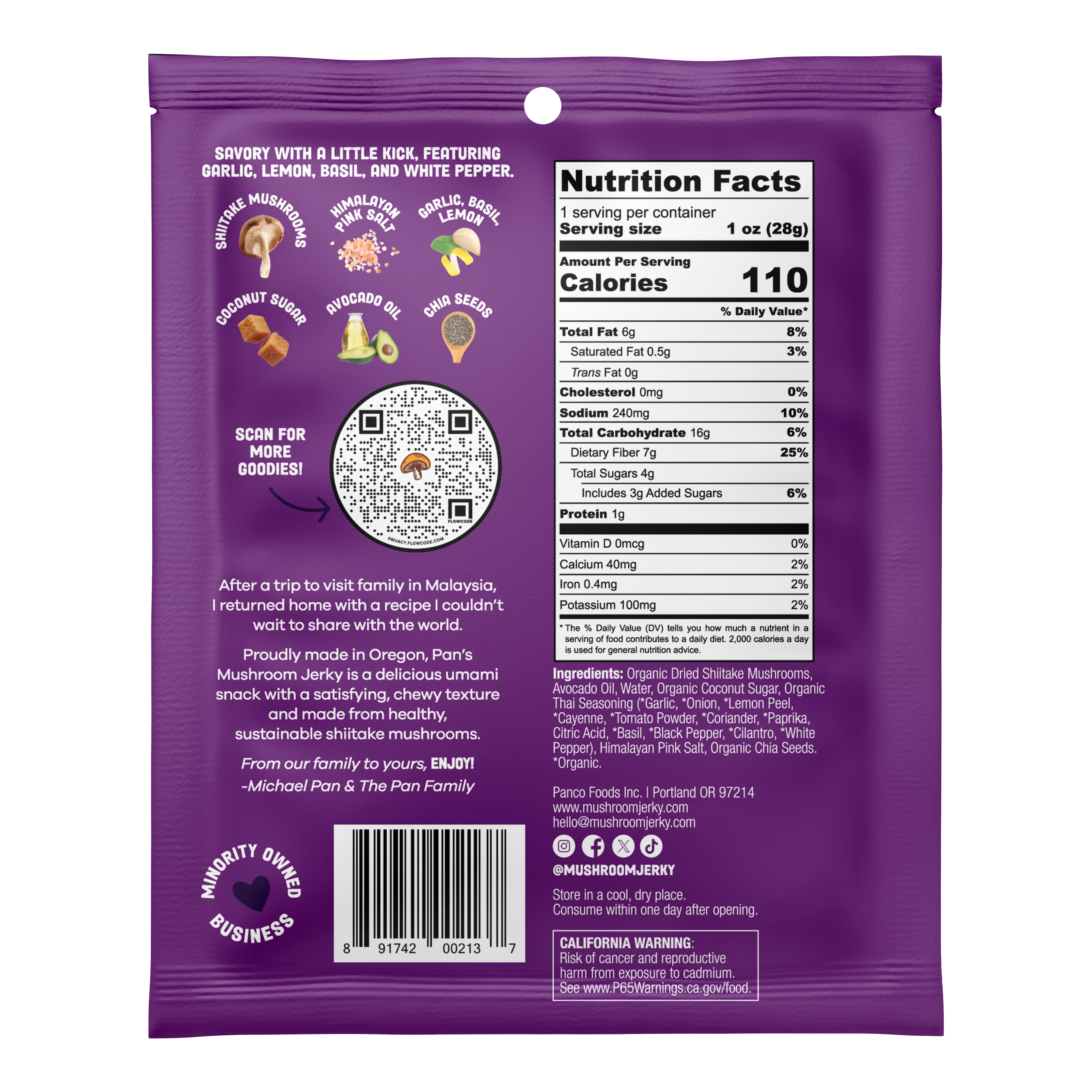 Zesty Thai Mushroom Jerky - Single Serve Pack